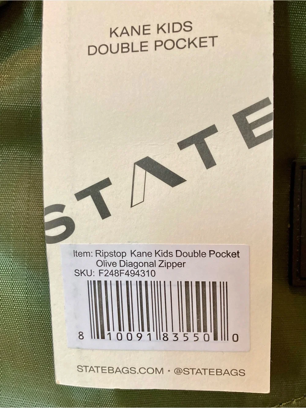 NWT State brand Kane kids double pocket olive diagonal zipper backpack